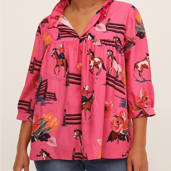Tops - Pink Blouse with Horse Print